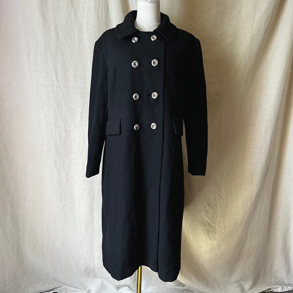 Vintage 1960s Black Wool Coat Silver Buttons Double Breasted Mod Medium
